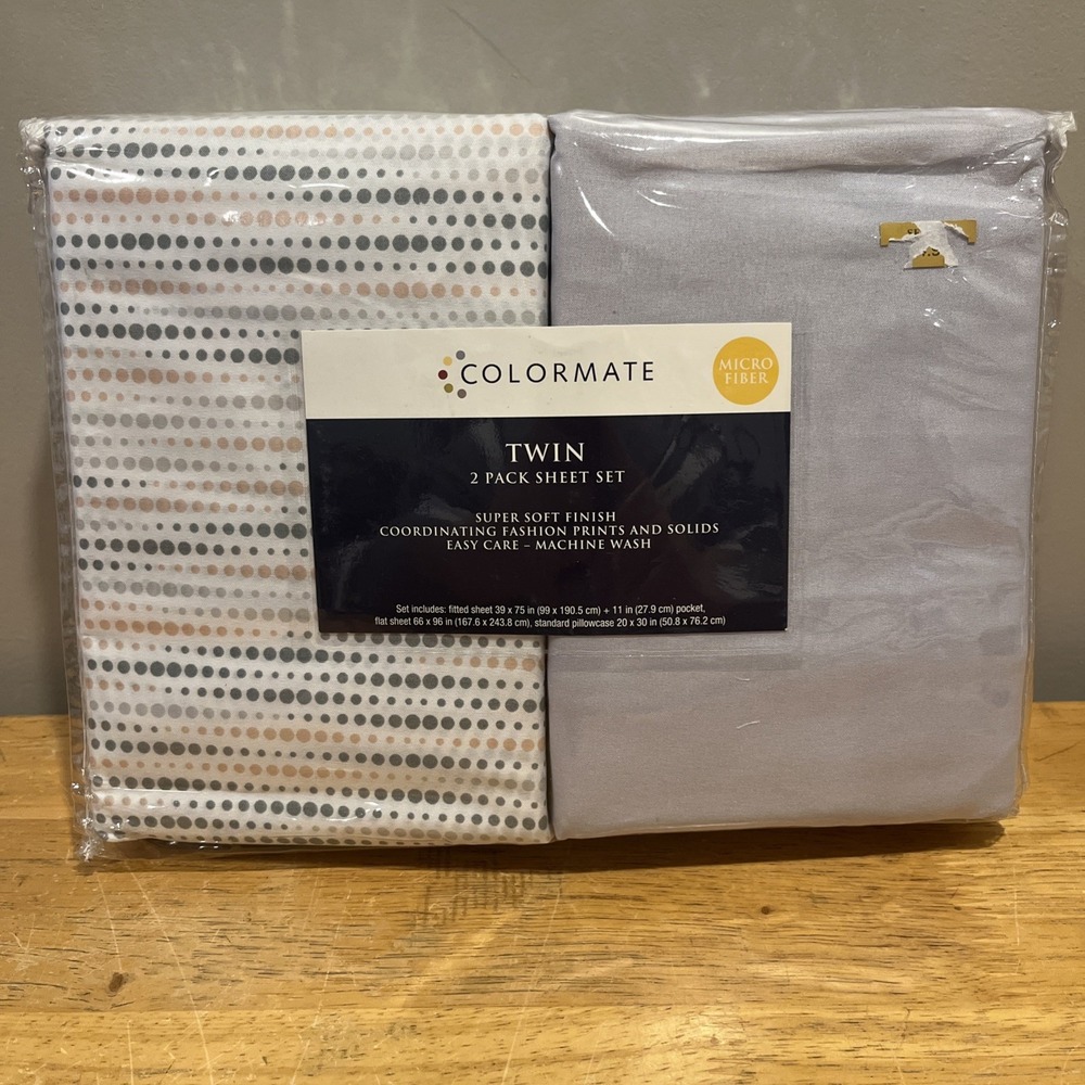 Colormate Twin Sheet Set Gray‎ Yellow Polka Dot Solid Sears Microfiber Vtg